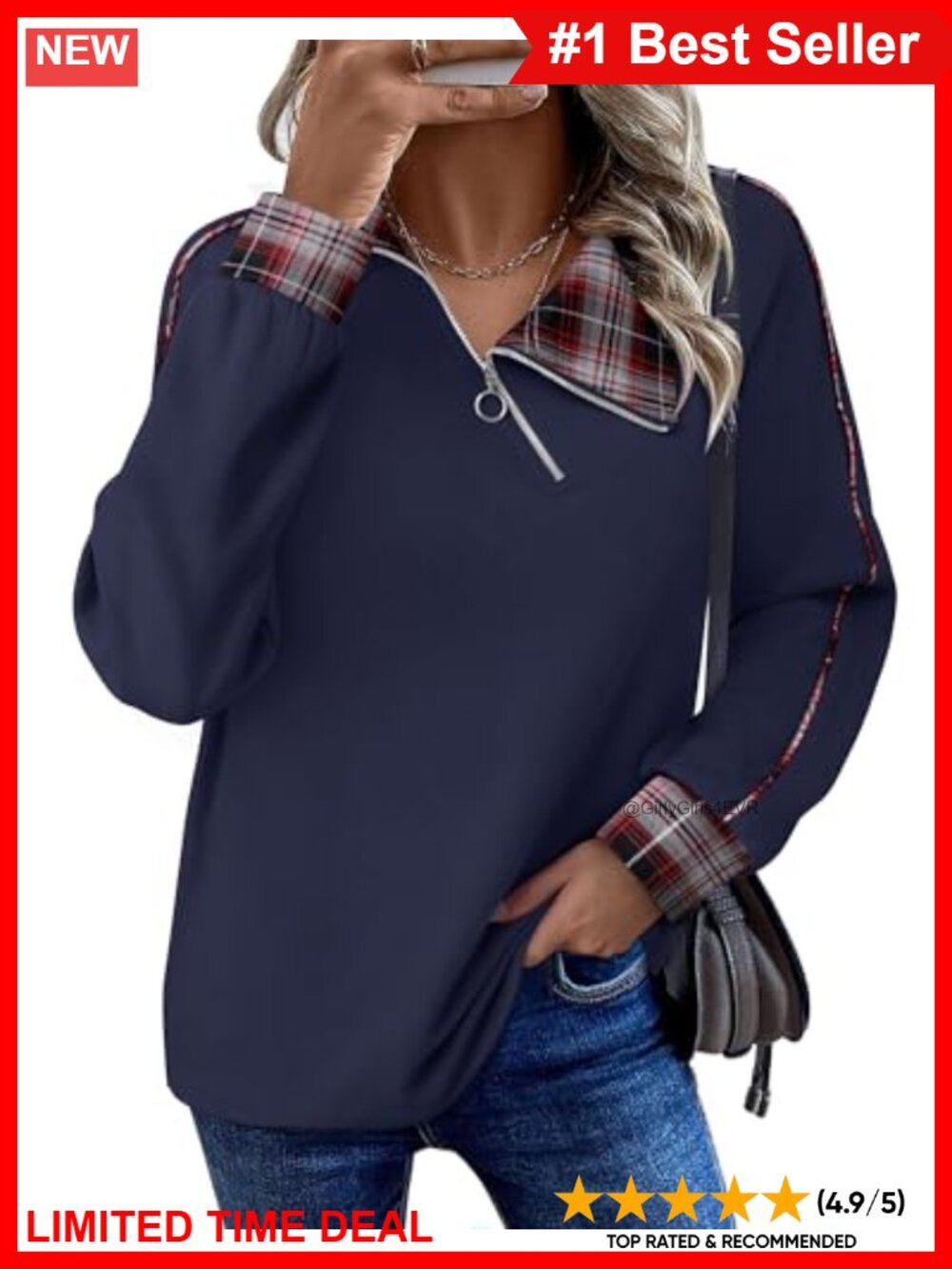 Womens Plaid V Neck Zip Pullover Sweatshirt Tunic Long Sleeve